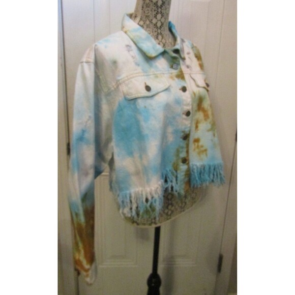 Taxi Blue Denim Jacket Tie Dye Distressed Fringe Cropped Jean Womens Size 2XL - Picture 7 of 9